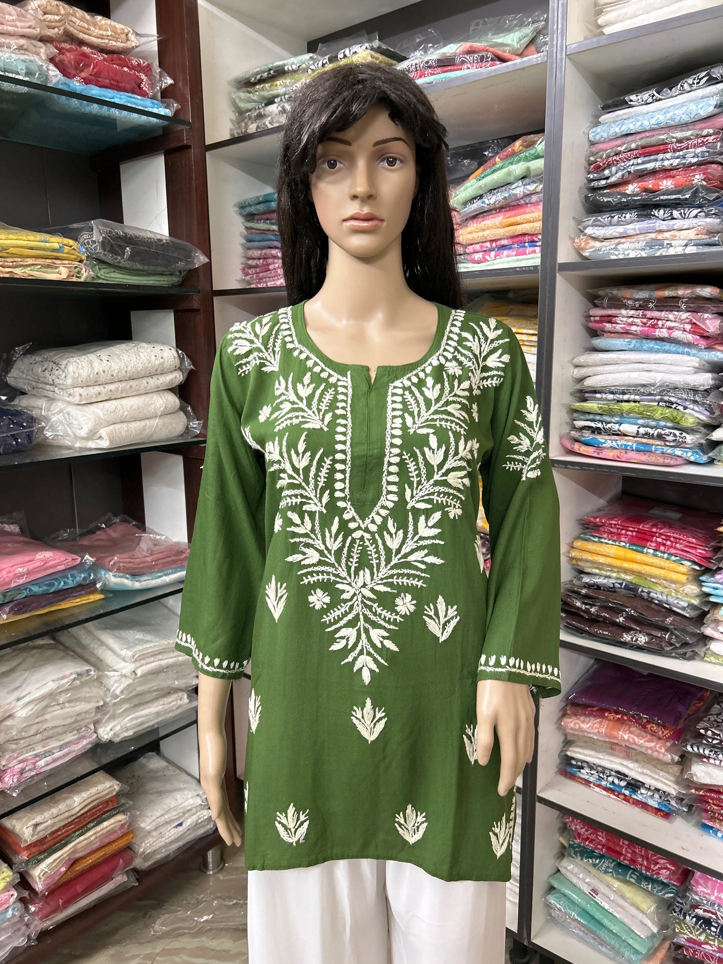 Lucknowi Chikankari Green 'Bahar' Rayon Short Kurti-T000076