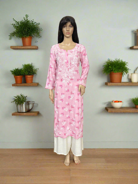 Lucknowi Chikankari Pink Printed Rayon Kurti-K000073