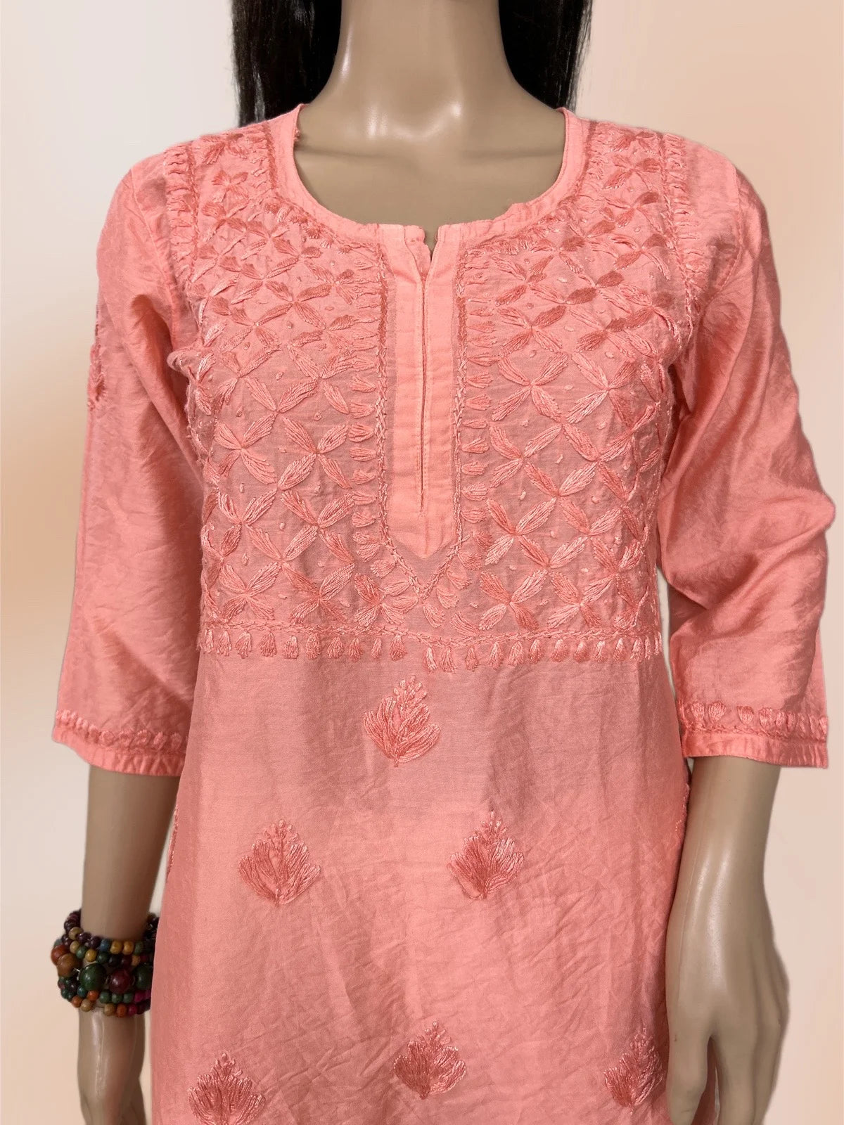Lucknowi Chikankari 'Aarooi' Peach Chanderi Short Kurti-T000022