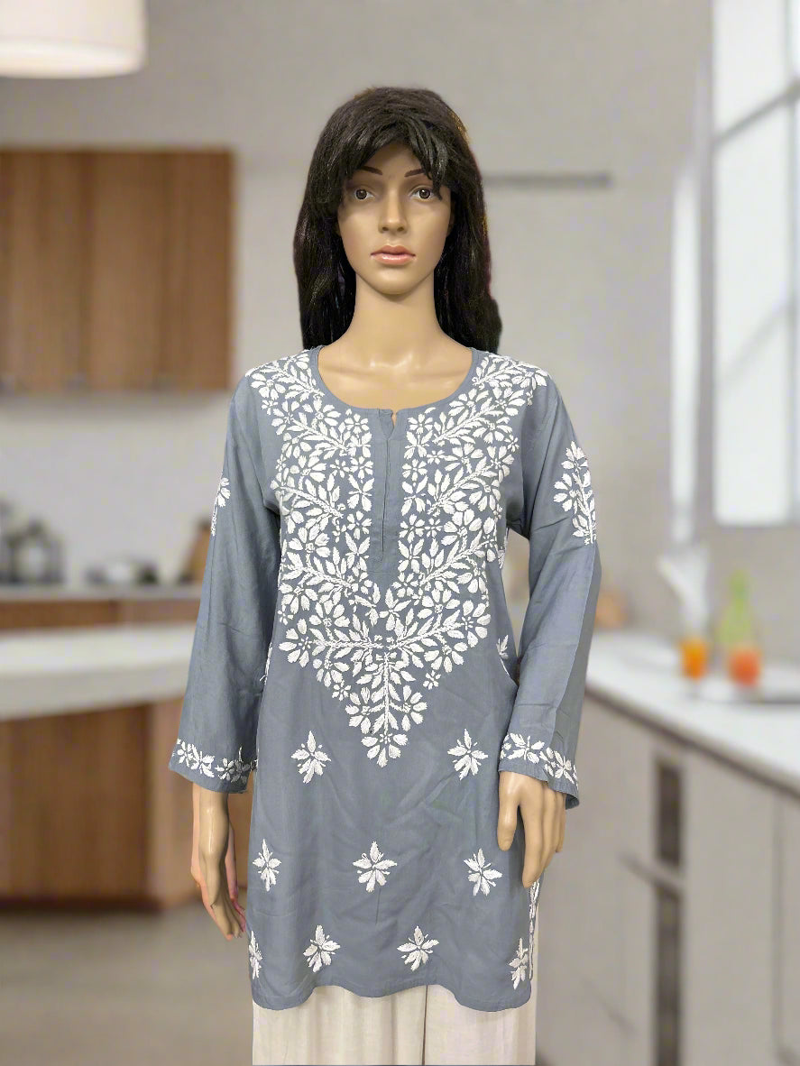 Lucknowi Chikankari Grey Modal Short Kurti-T50002