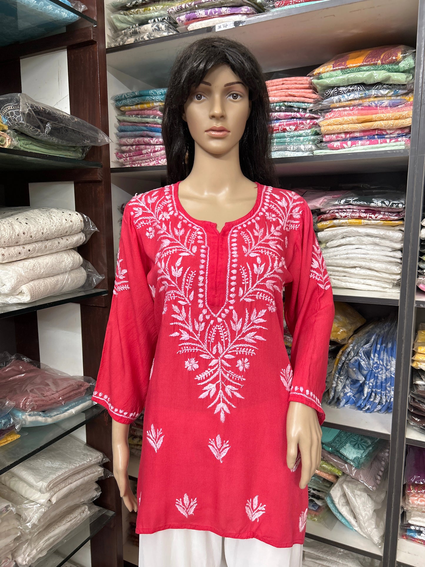 Lucknowi Chikankari Coral Pink 'Shagufta' Rayon Short Kurti-T000073