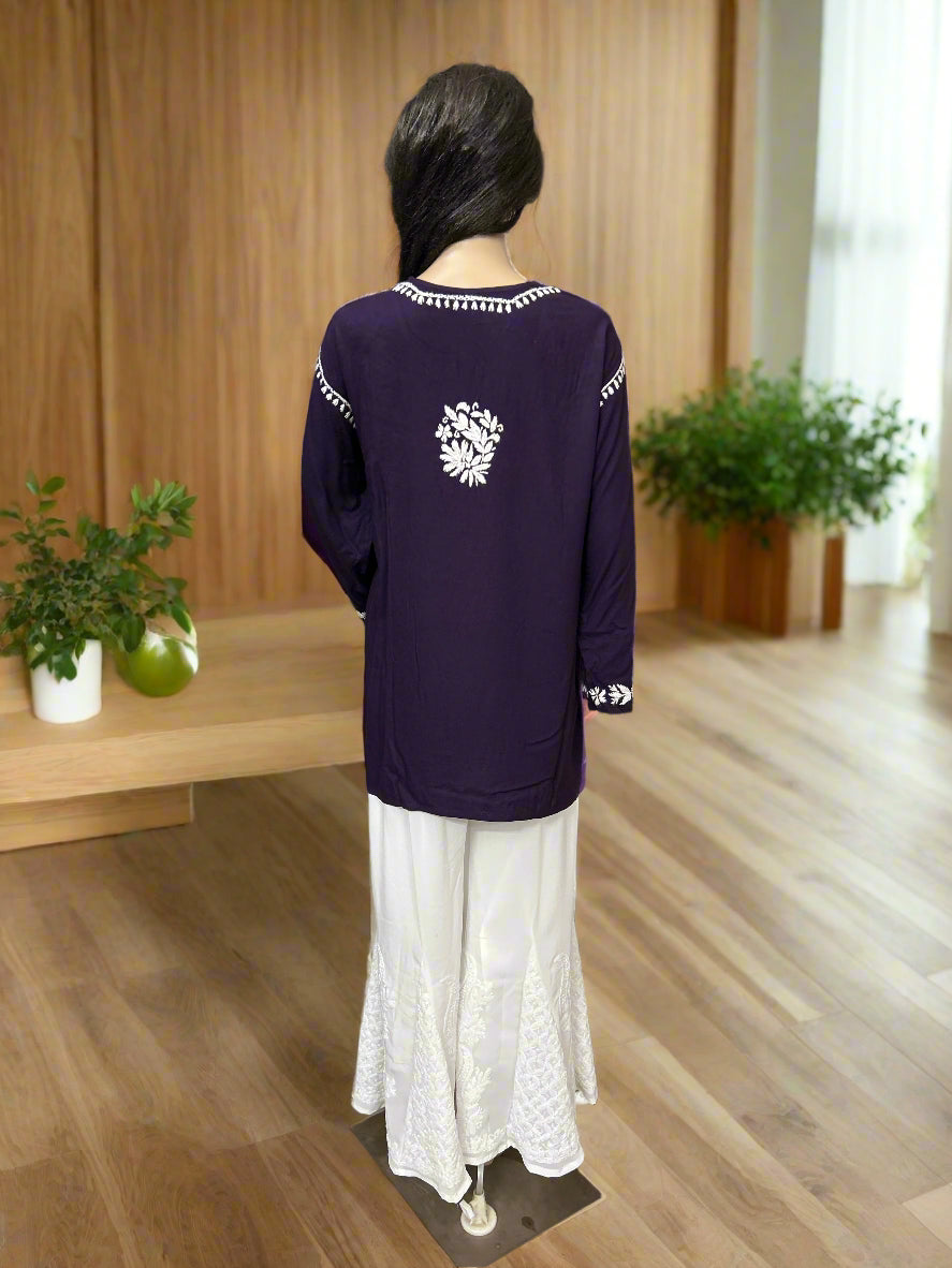 Lucknowi Chikankari Purple Rayon Short Kurti-T60003