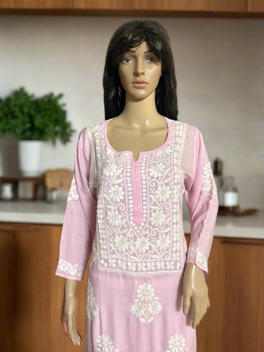 Lucknowi Chikankari Pink Modal Kurti-K50079