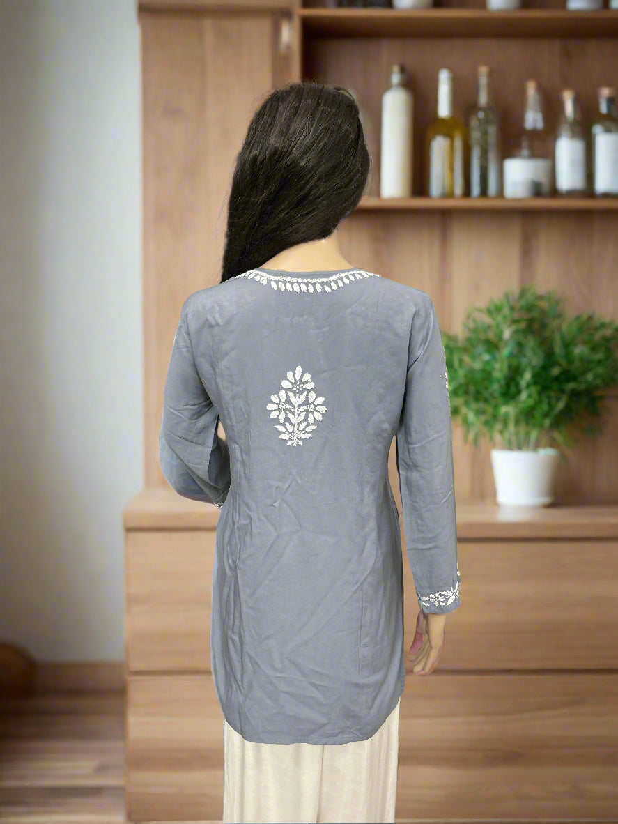 Lucknowi Chikankari Grey Modal Short Kurti-T50002