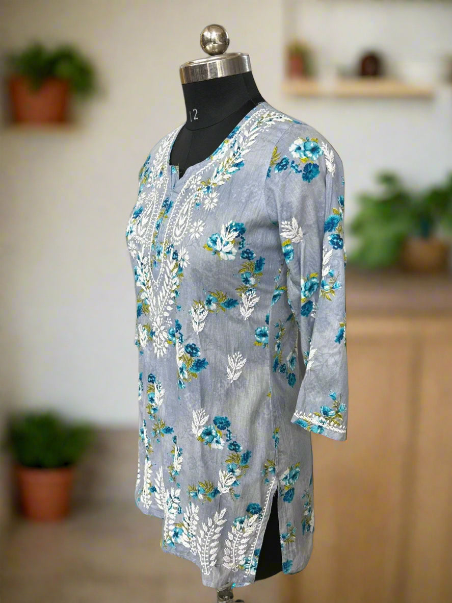 Lucknowi Chikankari Grey Printed Cotton Short Kurti-T000024
