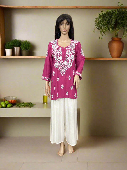 Lucknowi Chikankari Magenta Modal Short Kurti-T000048