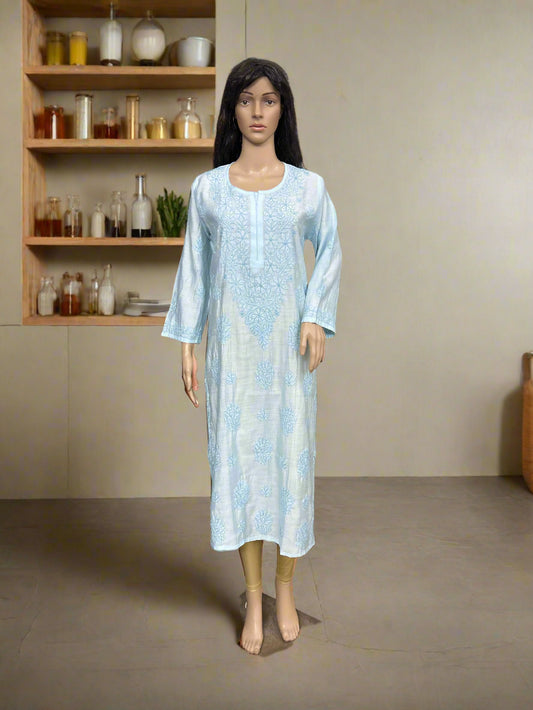 Lucknowi Chikankari Blue Chanderi Kurti-K000174