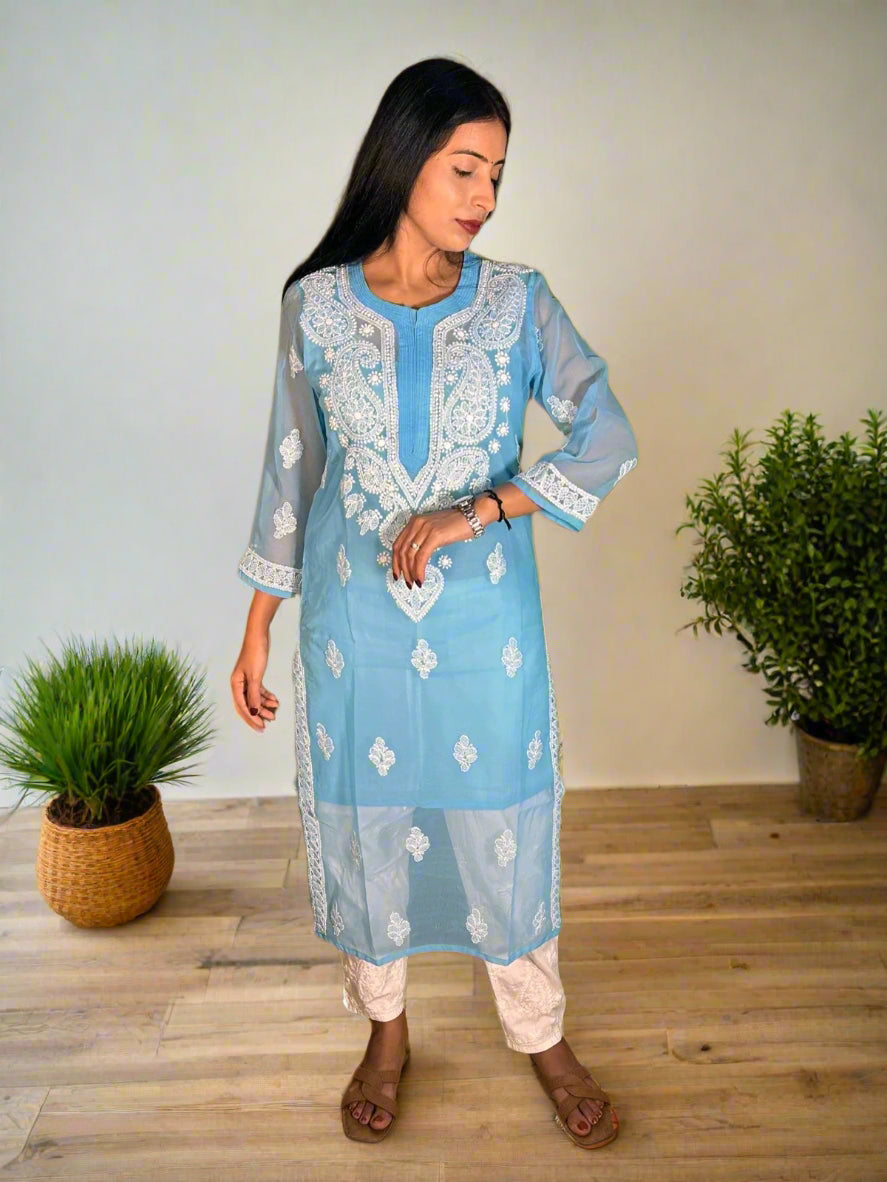 Lucknowi Chikankari Blue Georgette Kurti-K000061