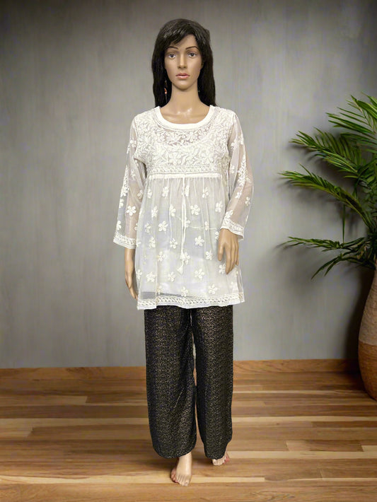 Lucknowi Chikankari White Georgette Short Kurti-T40012