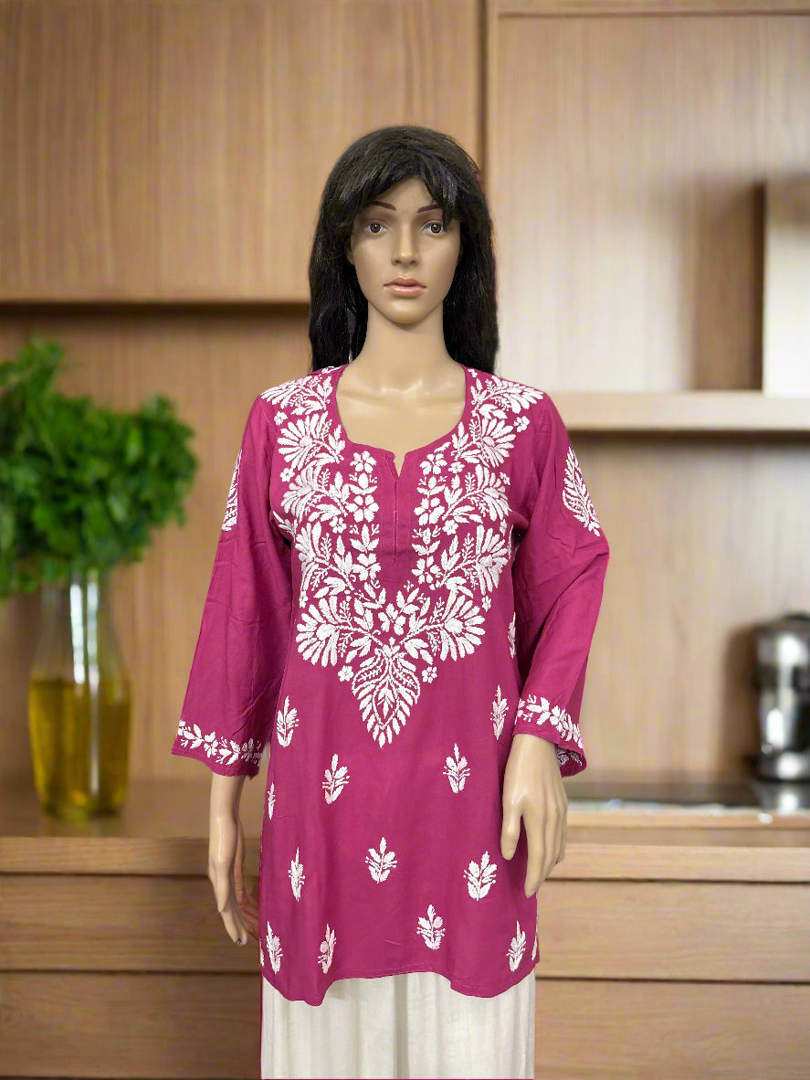 Lucknowi Chikankari Magenta Modal Short Kurti-T000048