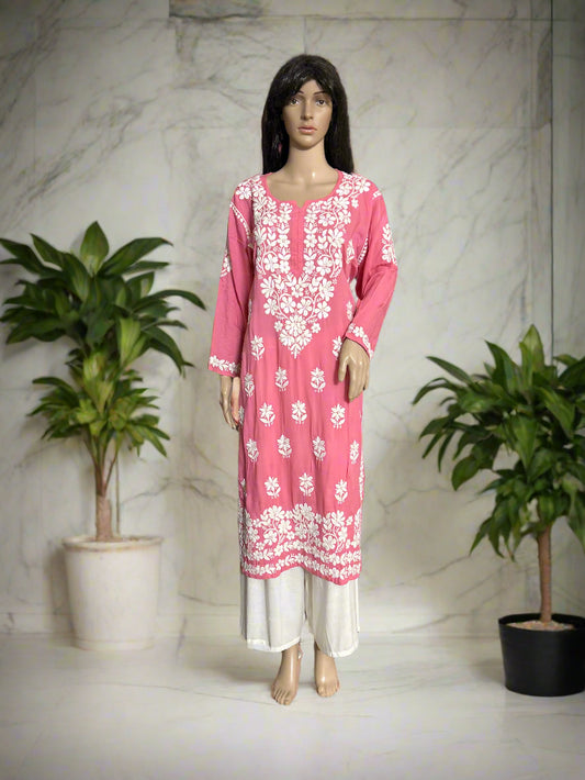 Lucknowi Chikankari Pink Modal Kurti-K70007