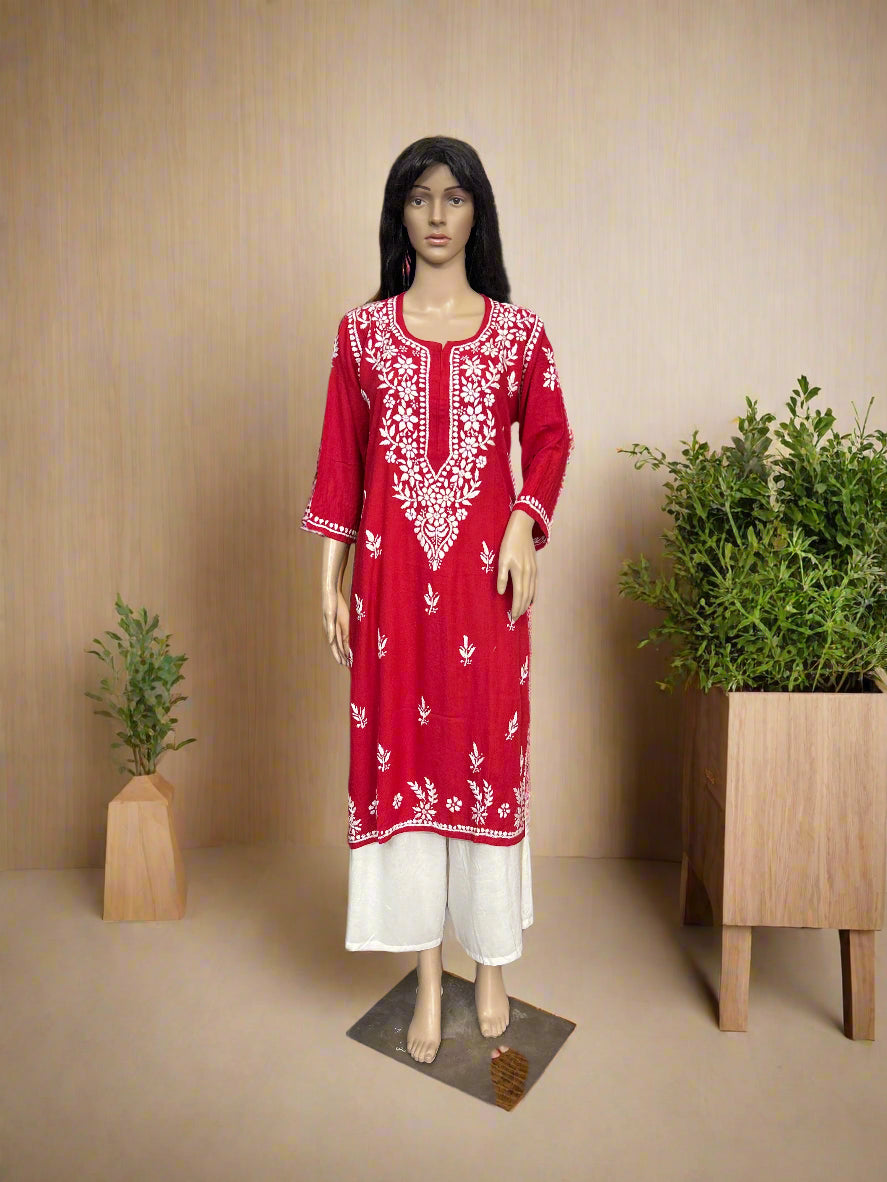Lucknowi Chikankari Red Rayon Kurti-K000155