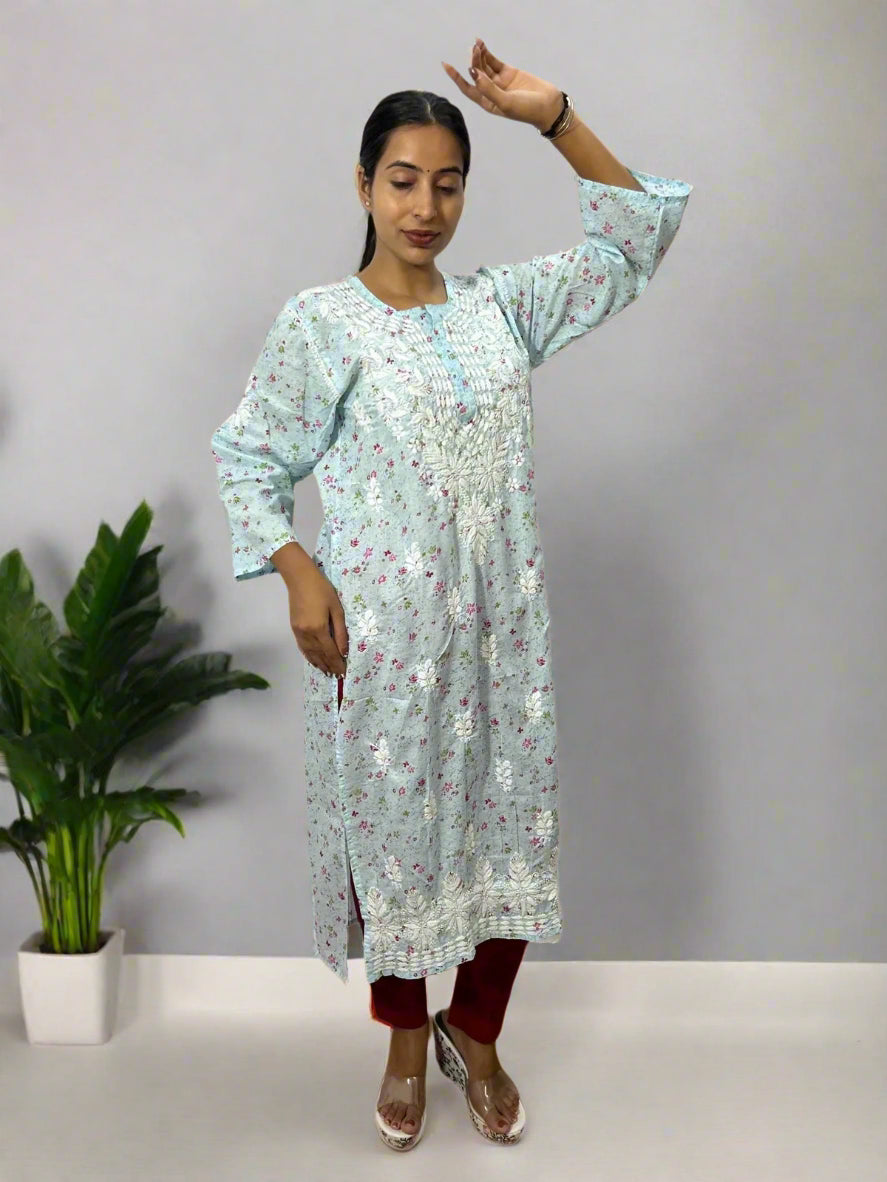 Lucknowi Chikankari Sky Blue Printed Cotton Kurti-K000084