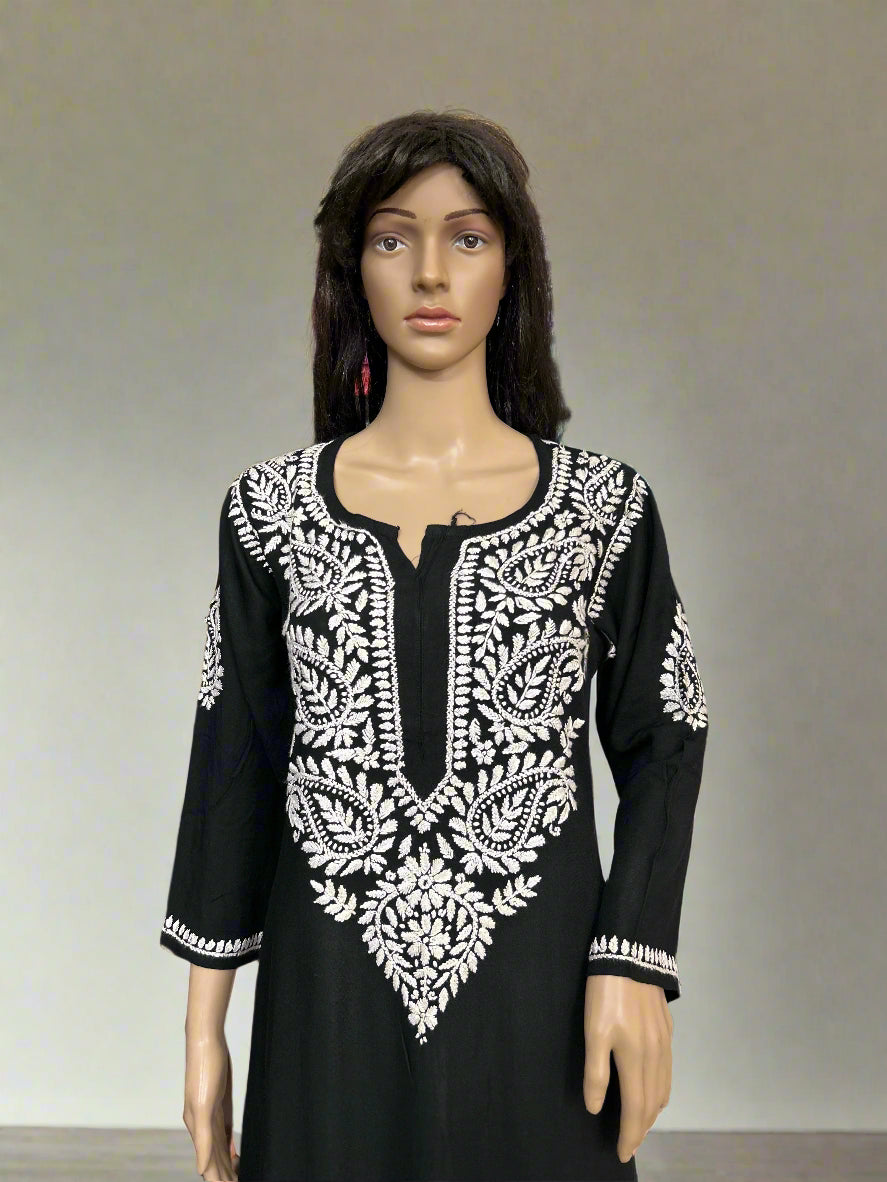 Lucknowi Chikankari Black Rayon Kurti-K000166