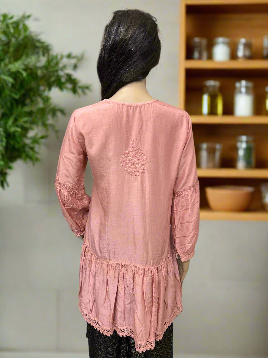 Lucknowi Chikankari Peach Muslin Short Kurti-T40015