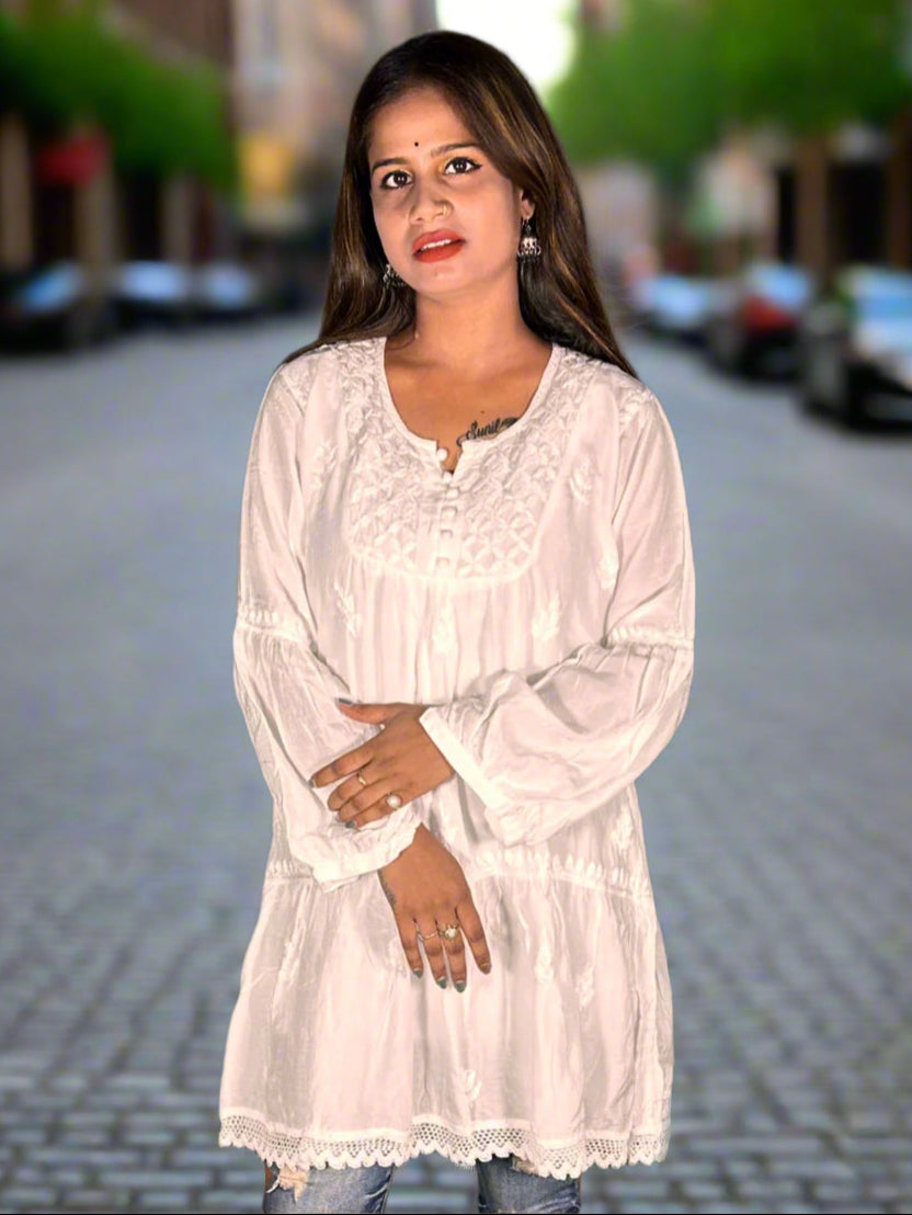 Lucknowi Chikankari White Muslin Short Kurti-T000012