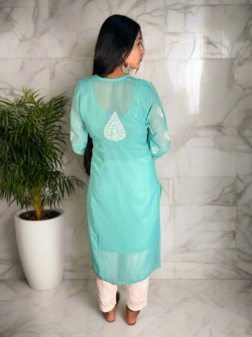Lucknowi Chikankari Green Georgette Kurti-K000065
