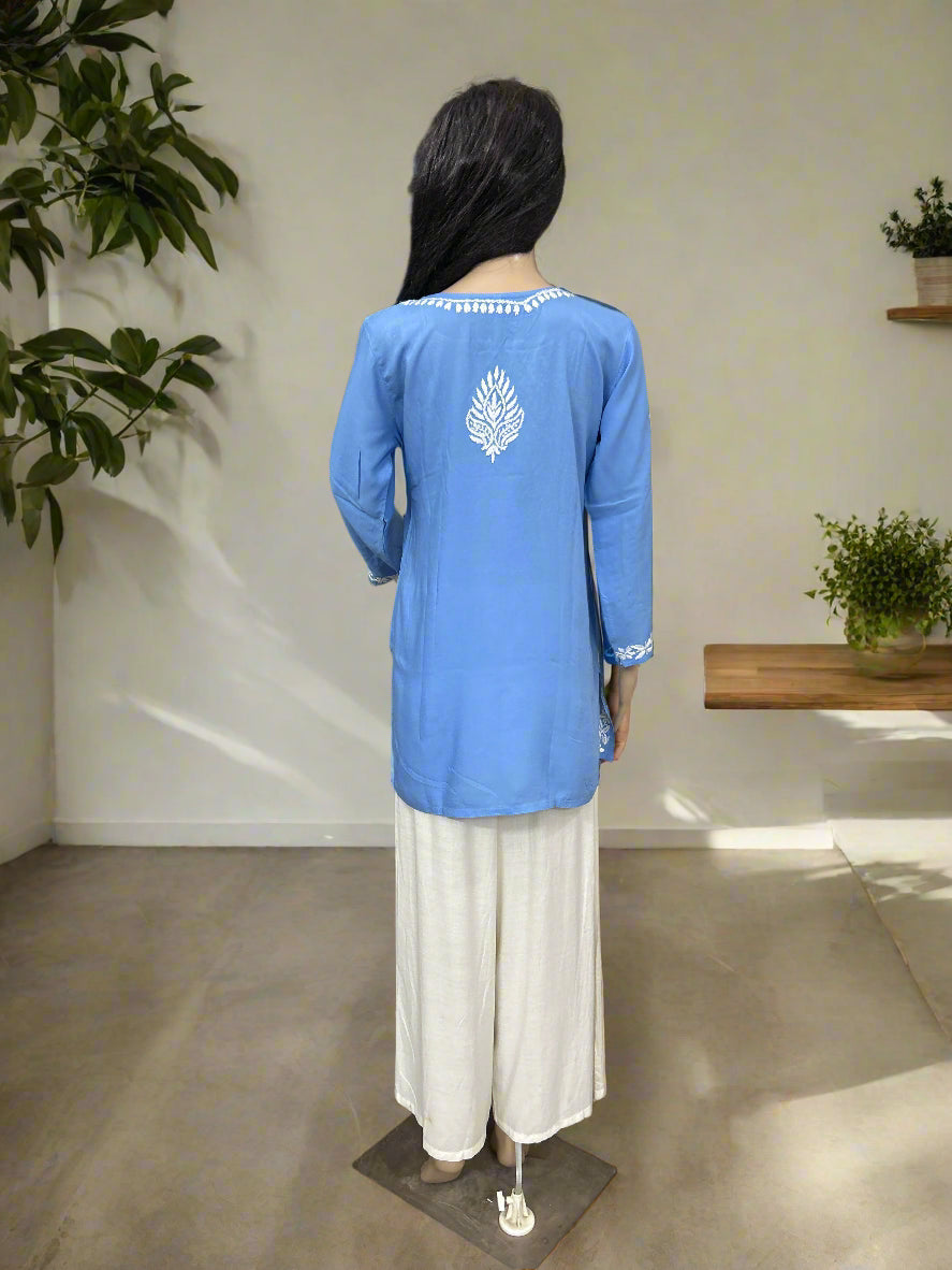Lucknowi Chikankari Blue Modal Short Kurti-T000054