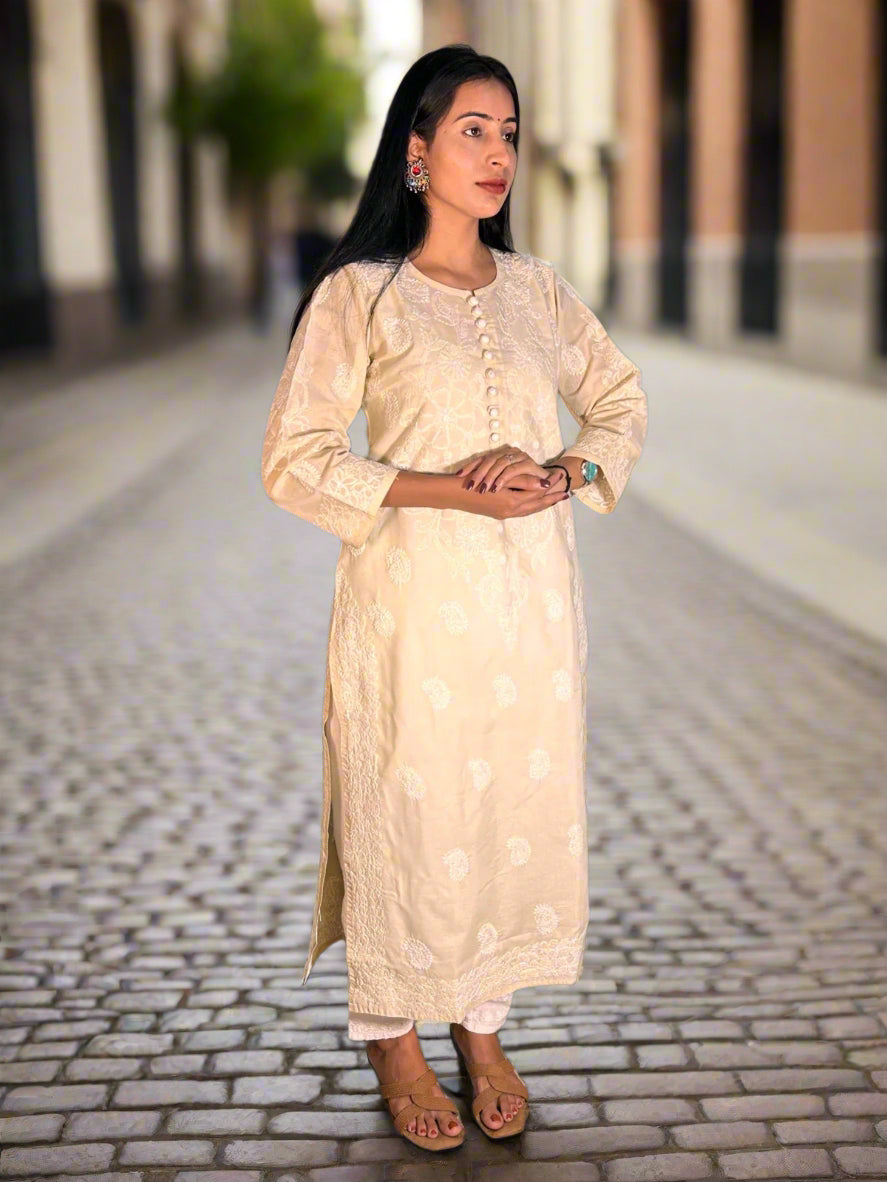 Lucknowi Chikankari Fawn 'Harnai Rang' Cotton Kurti-K40095