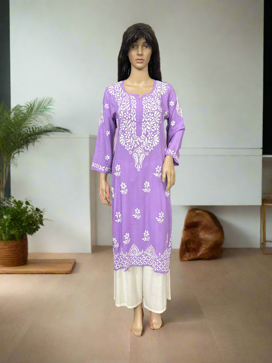 Lucknowi Chikankari Purple Modal Kurti-K50078