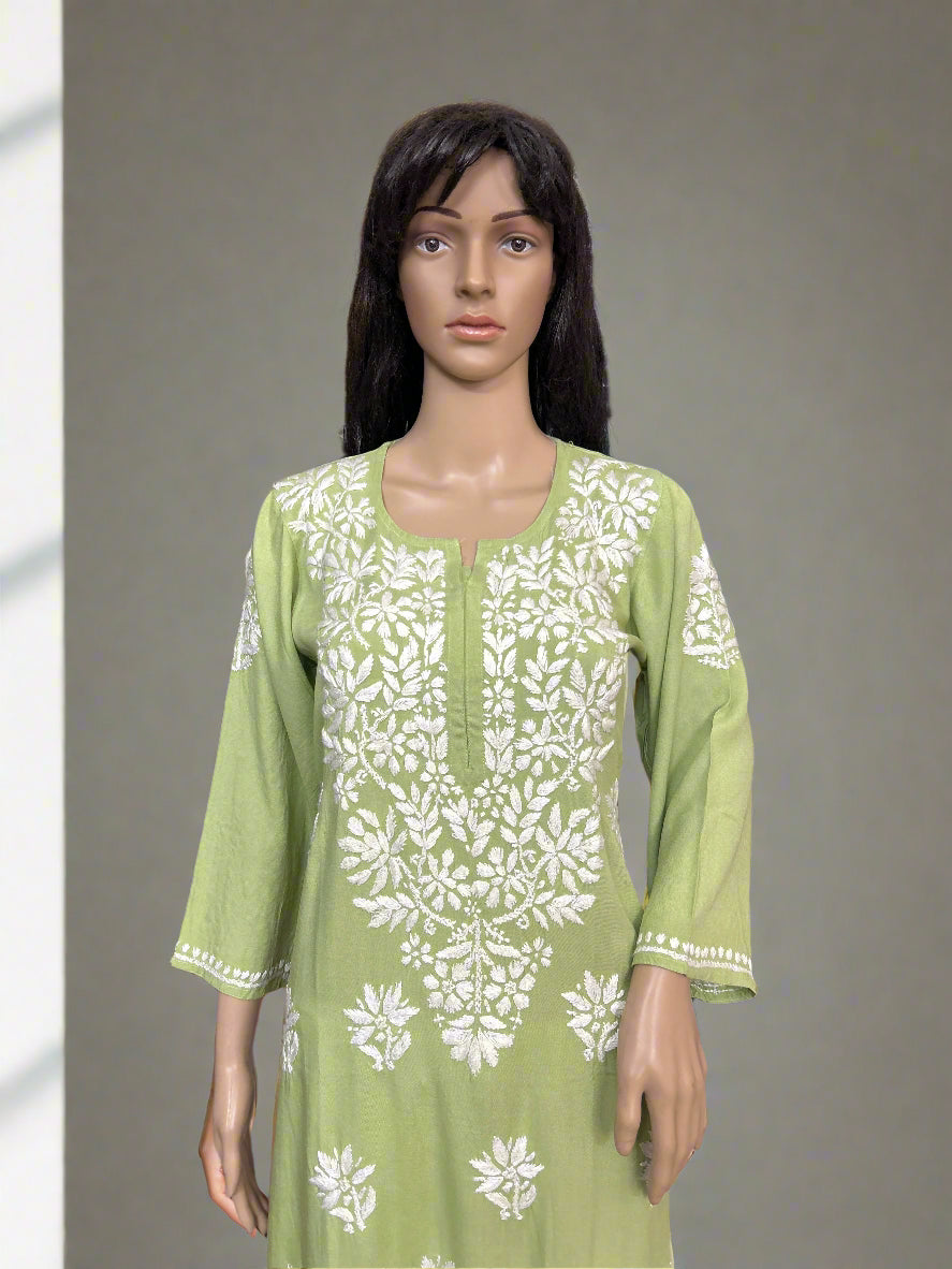 Lucknowi Chikankari Green Rayon Kurti-K000162