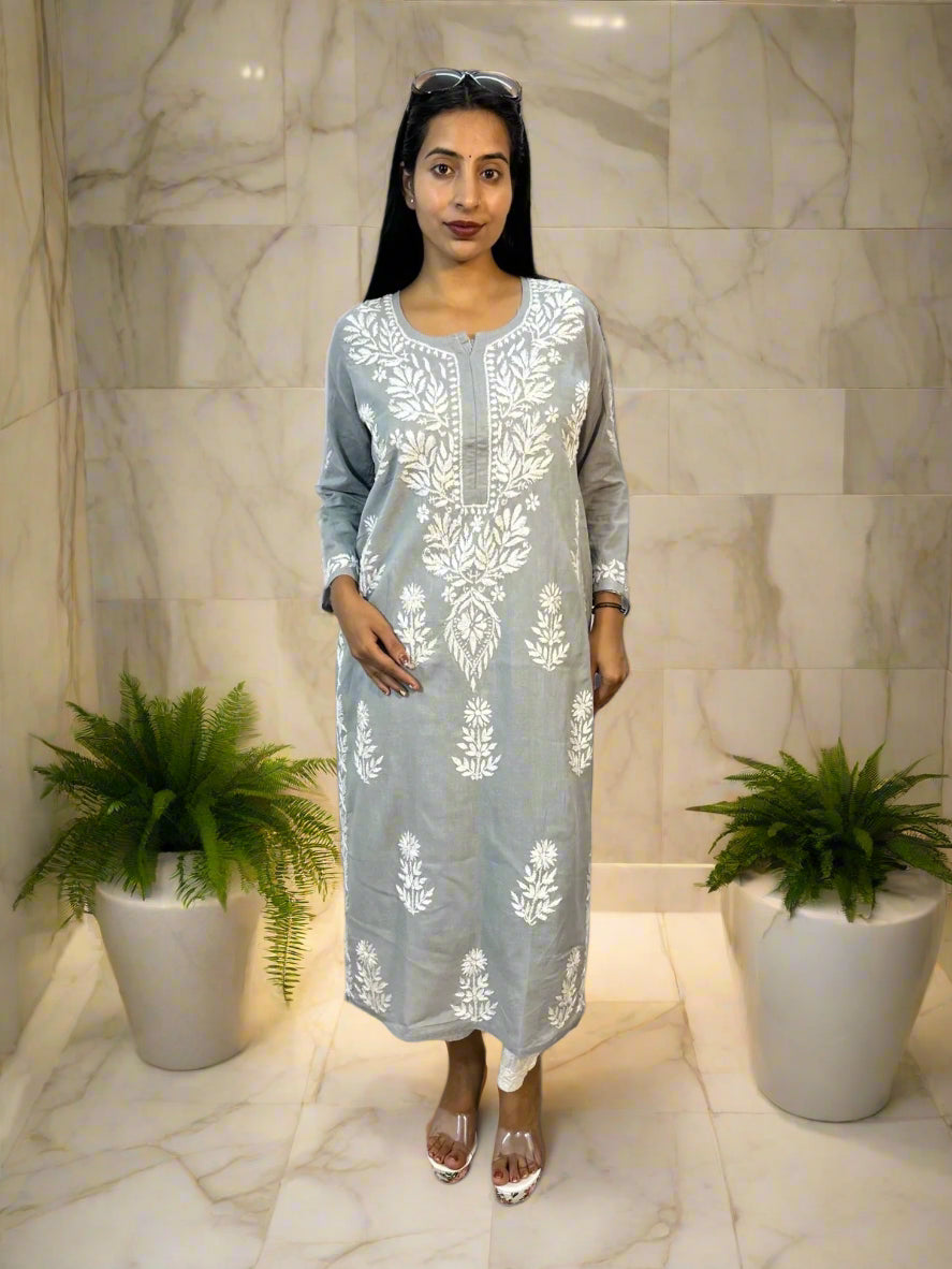 Lucknowi Chikankari Grey Cotton Kurti-K000104