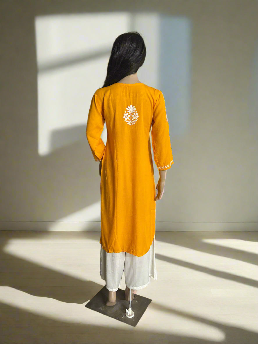 Lucknowi Chikankari Orange Rayon Kurti-K000152