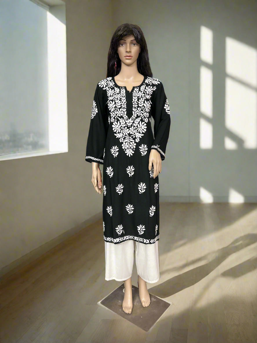 Lucknowi Chikankari Black Rayon Kurti-K000157