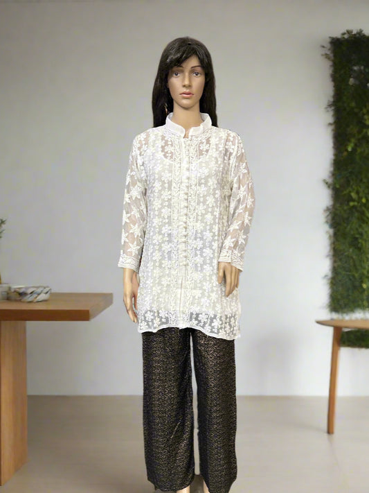 Lucknowi Chikankari White Georgette Short Kurti-T50013