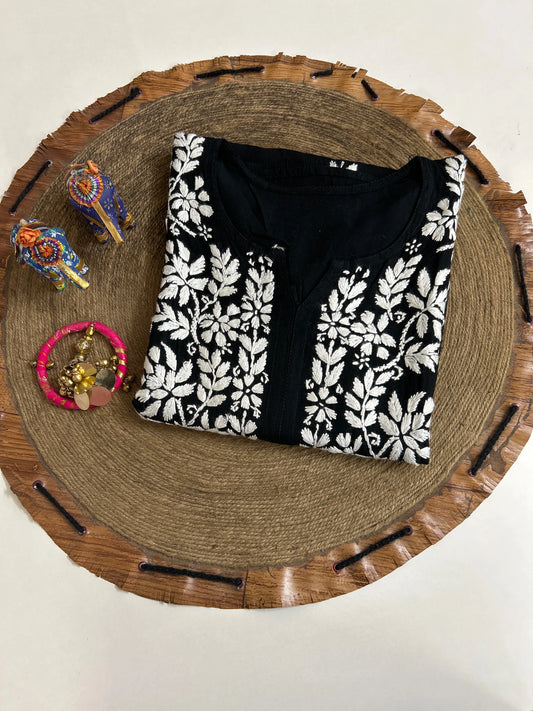 Lucknowi Chikankari Black Rayon Kurti-K000157
