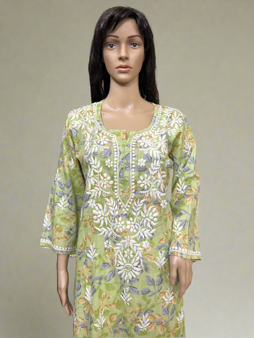 Lucknowi Chikankari Green Printed Cotton Kurti-K000177