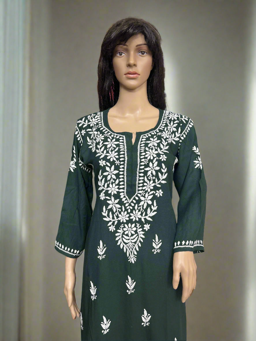 Lucknowi Chikankari Green Rayon Kurti-K000153