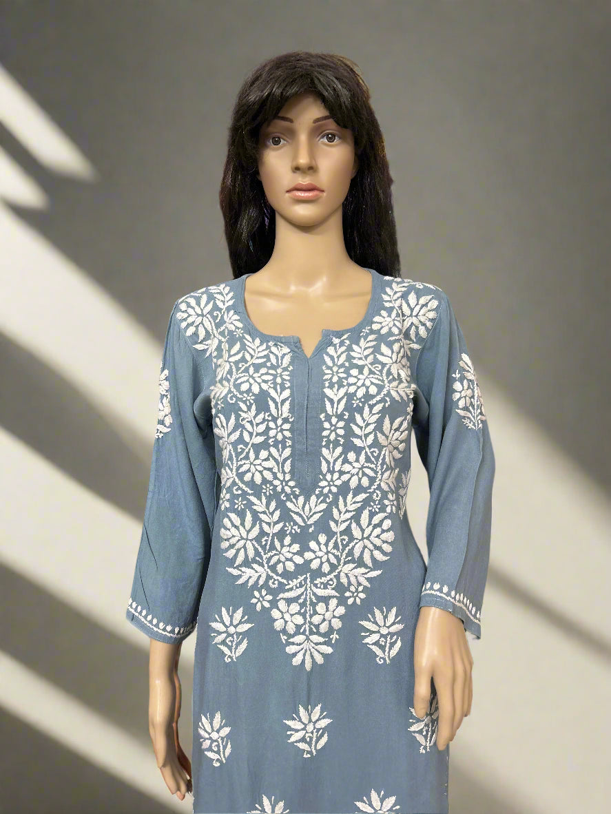 Lucknowi Chikankari Grey Rayon Kurti-K000161