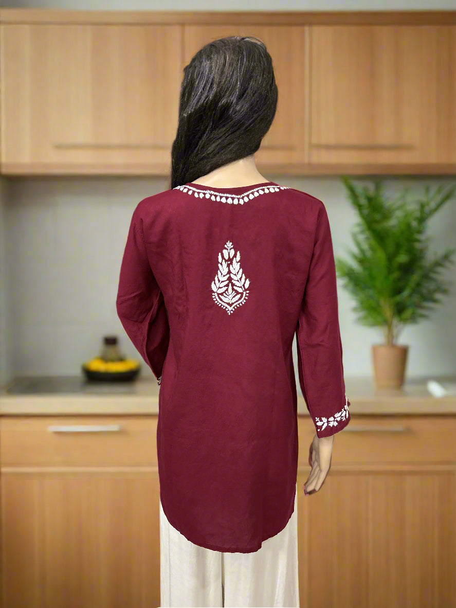 Lucknowi Chikankari Maroon 'Shafaq' Modal Short Kurti-T60006