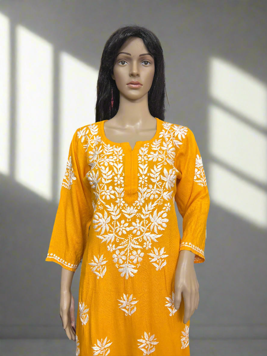 Lucknowi Chikankari Orange Rayon Kurti-K000152