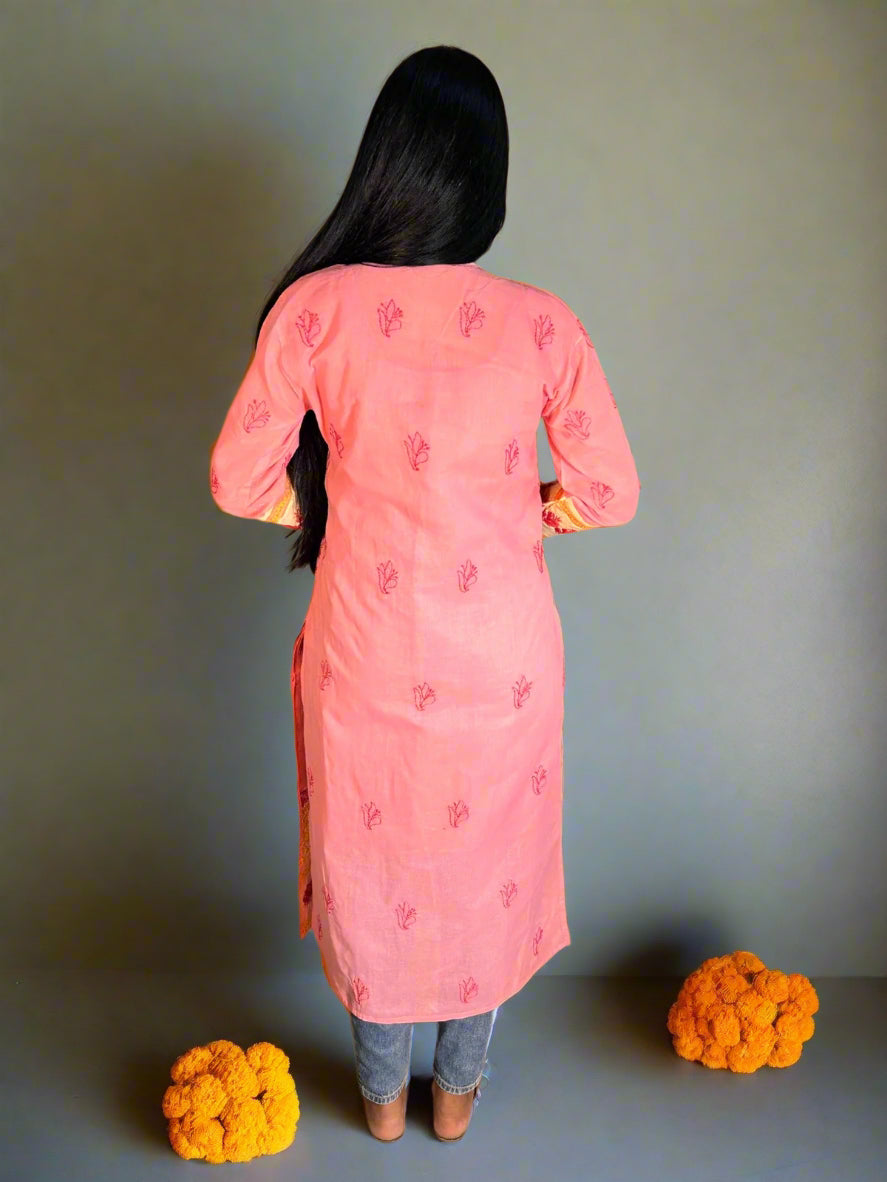 Lucknowi Chikankari Pink Cotton Kurti-K000001