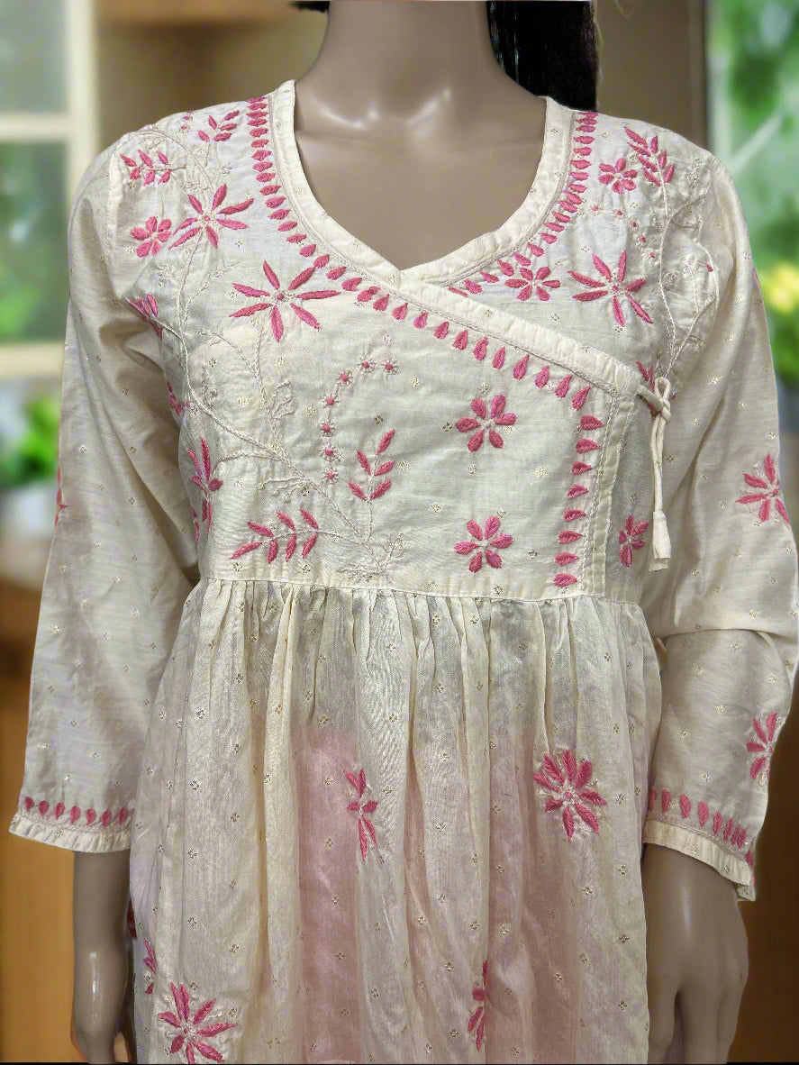 Lucknowi Chikankari Fawn Chanderi Angrakha Styled Short Kurti-T50021