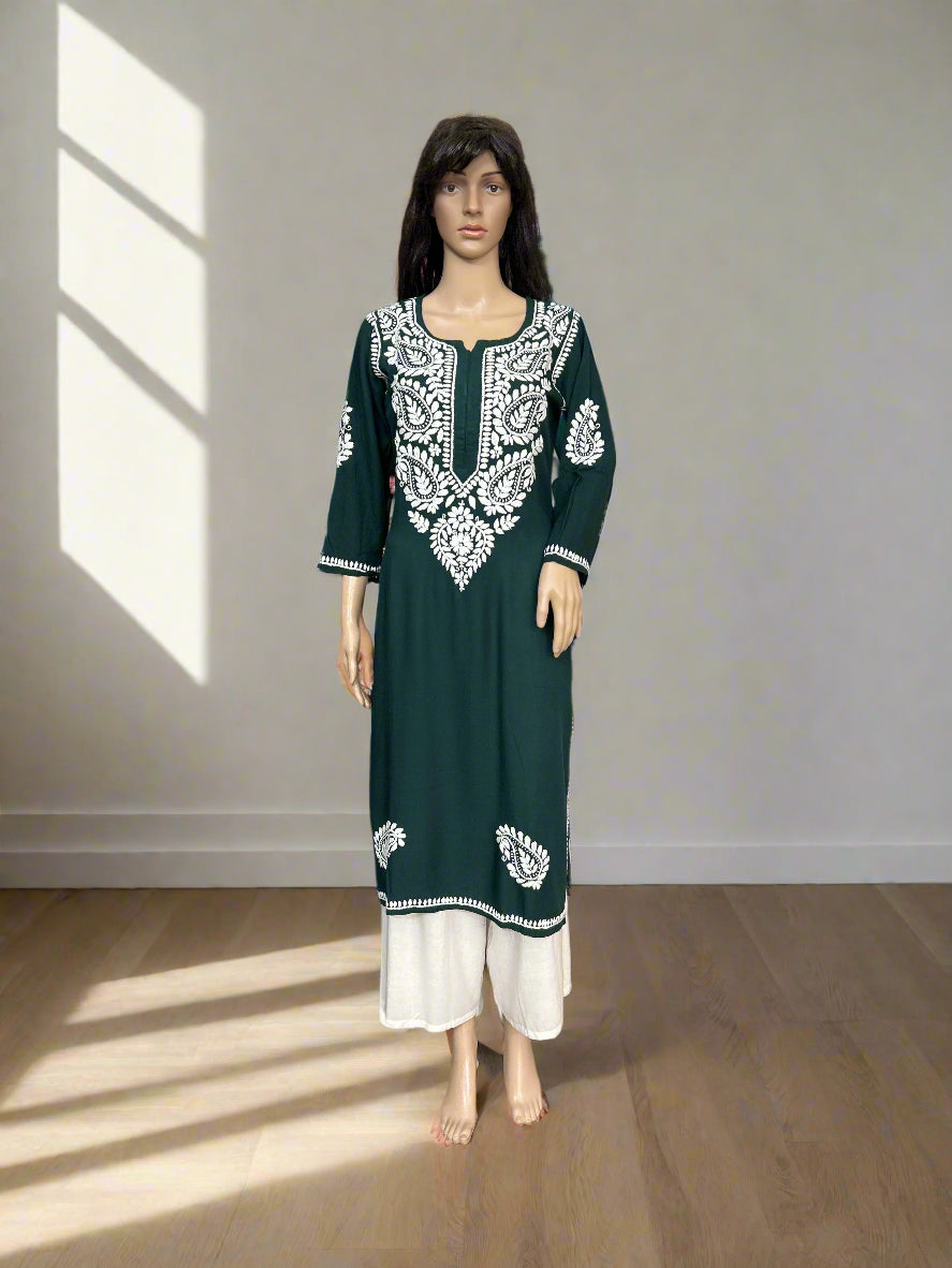 Lucknowi Chikankari Green Rayon Kurti-K20009