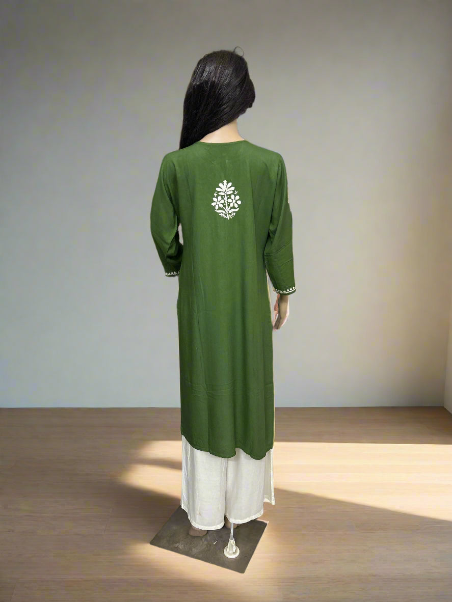 Lucknowi Chikankari Green Rayon Kurti-K000163