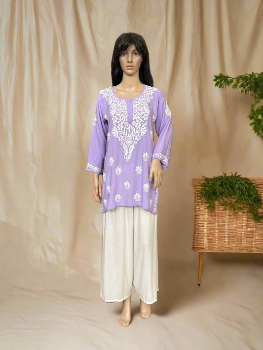 Lucknowi Chikankari Lavender Modal Short Kurti-T50003