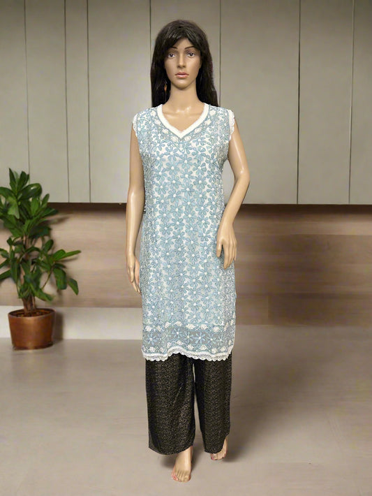 Lucknowi Chikankari White Georgette Short Kurti-T50014