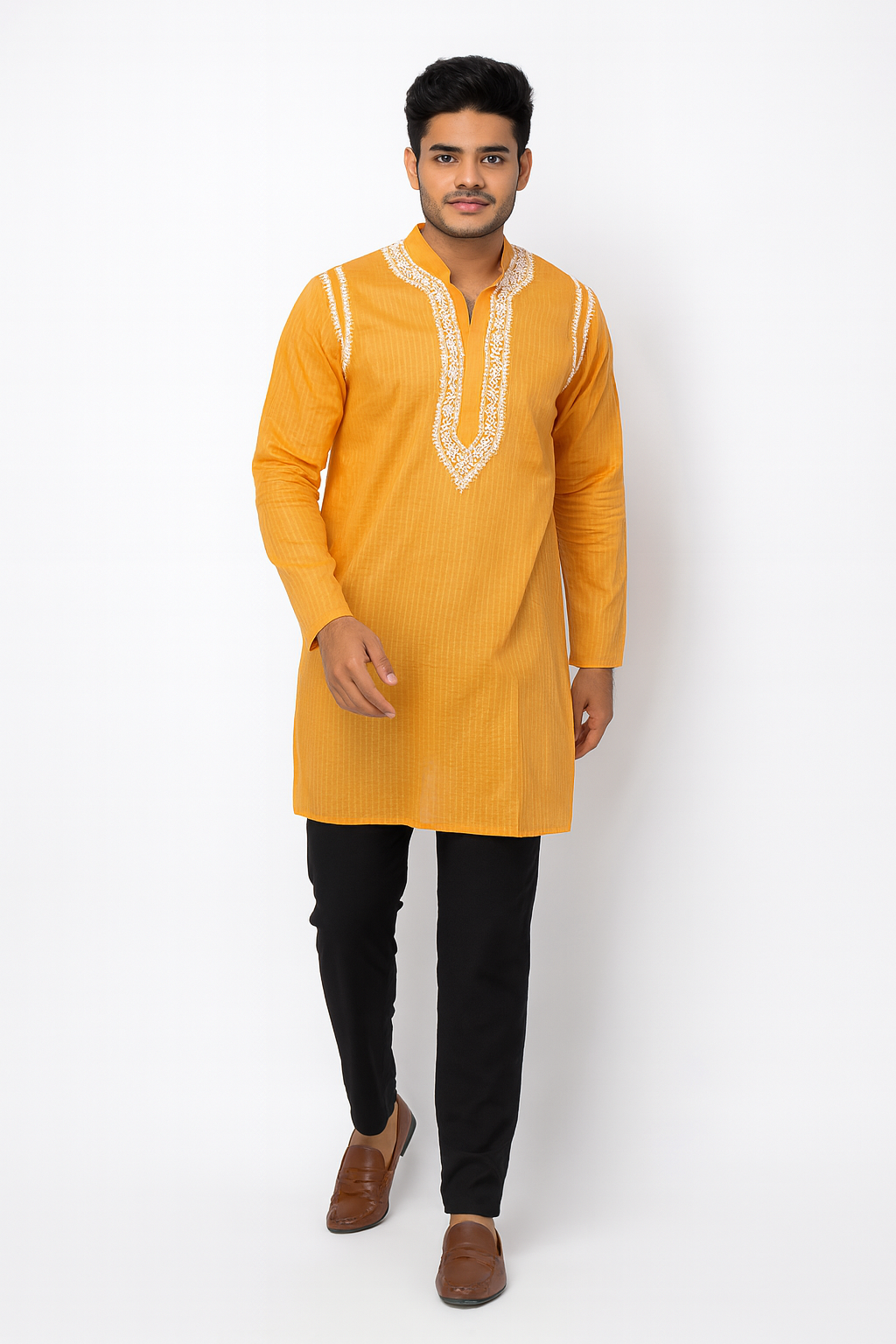 Lucknowi Chikankari Orange 'Narangi' Cotton Gents Kurta-GK00024