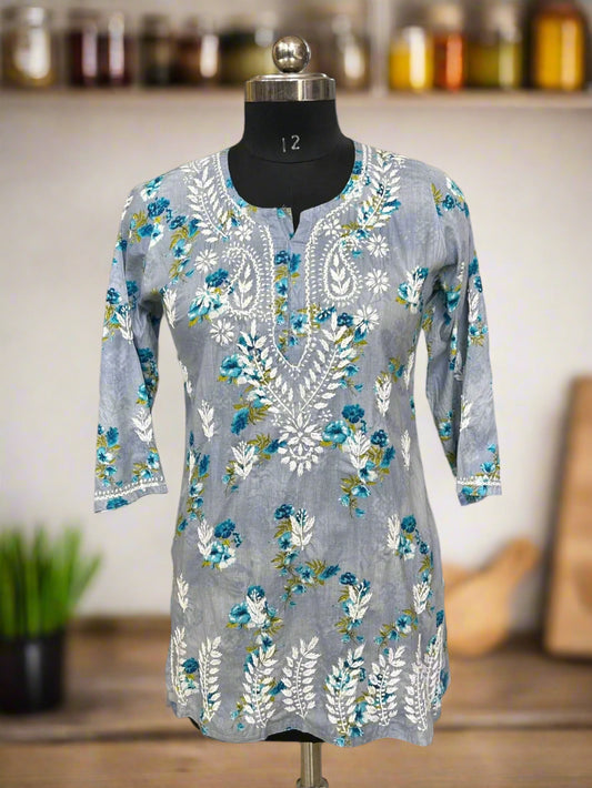 Lucknowi Chikankari Grey Printed Cotton Short Kurti-T000024