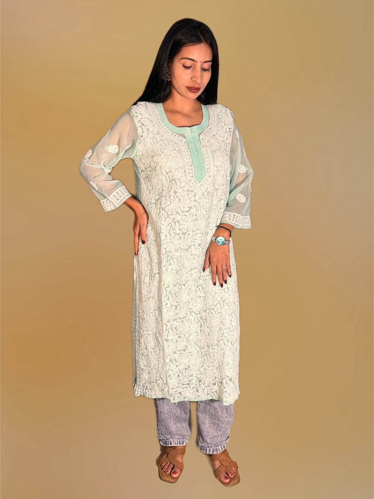 Lucknowi Chikankari Green Georgette Kurti-K000056