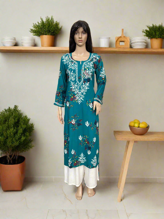 Lucknowi Chikankari Green Printed Rayon Kurti-K000071