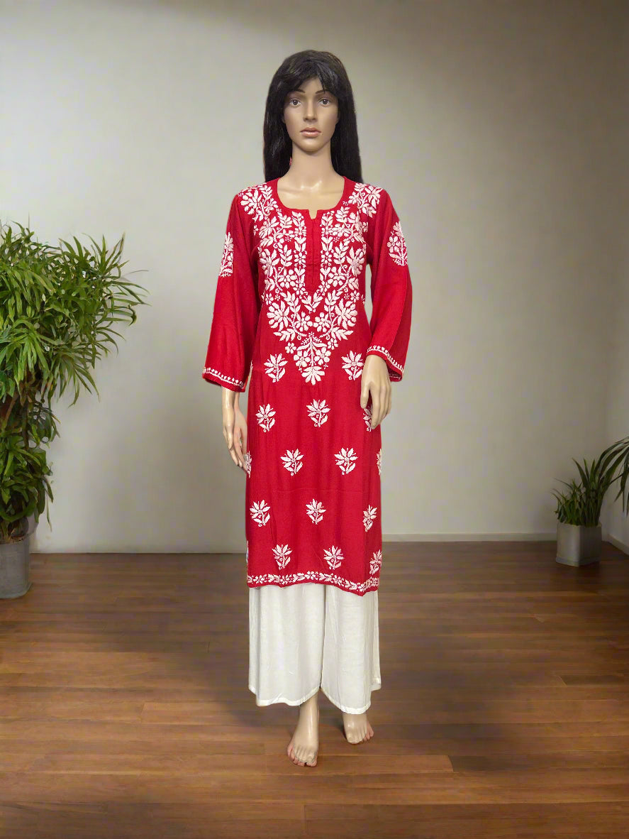 Lucknowi Chikankari Red Rayon Kurti-K000164