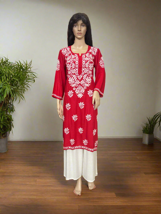 Lucknowi Chikankari Red Rayon Kurti-K000164