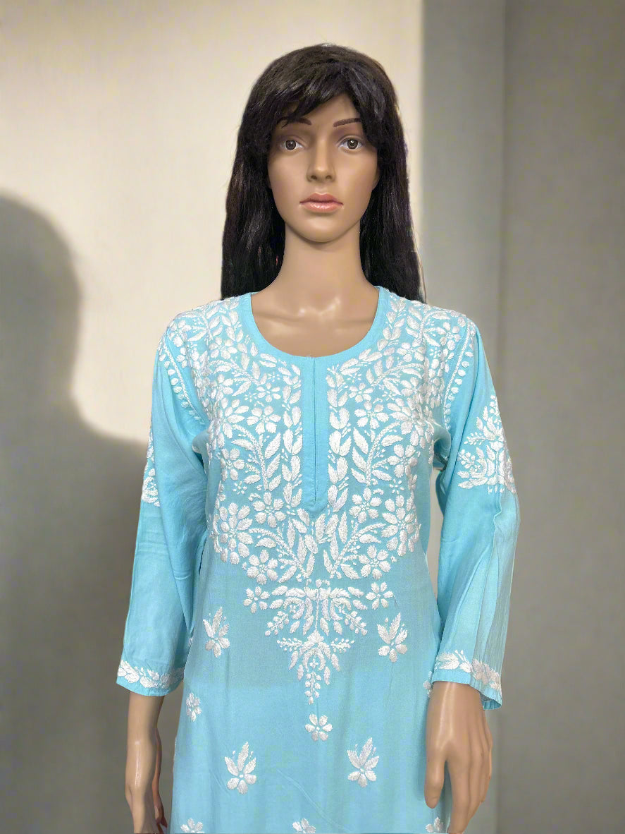 Lucknowi Chikankari Blue Rayon Kurti-K40084