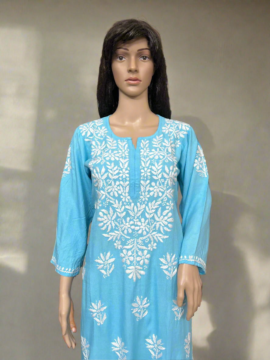 Lucknowi Chikankari Blue Rayon Kurti-K000160