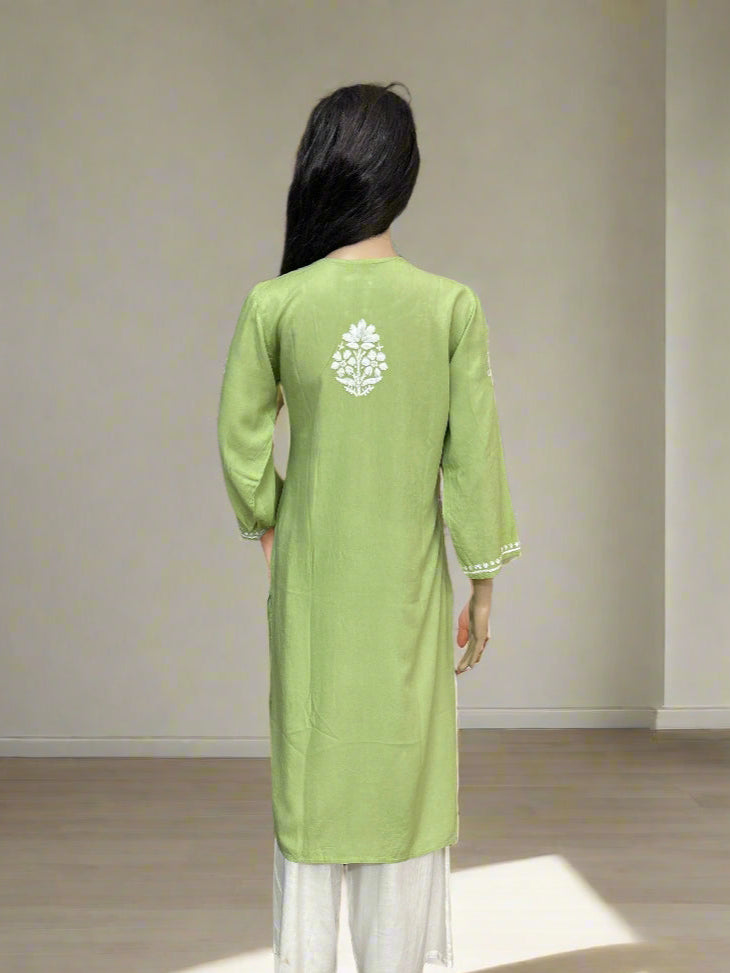 Lucknowi Chikankari Green Rayon Kurti-K000162
